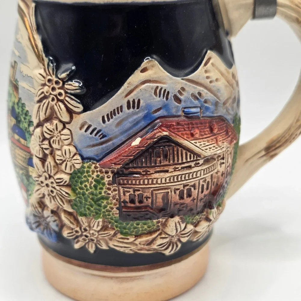 Salzburg Austria Beer Stein Lidded Pewter Cobalt Blue Relief Edelweiss Alps Mug